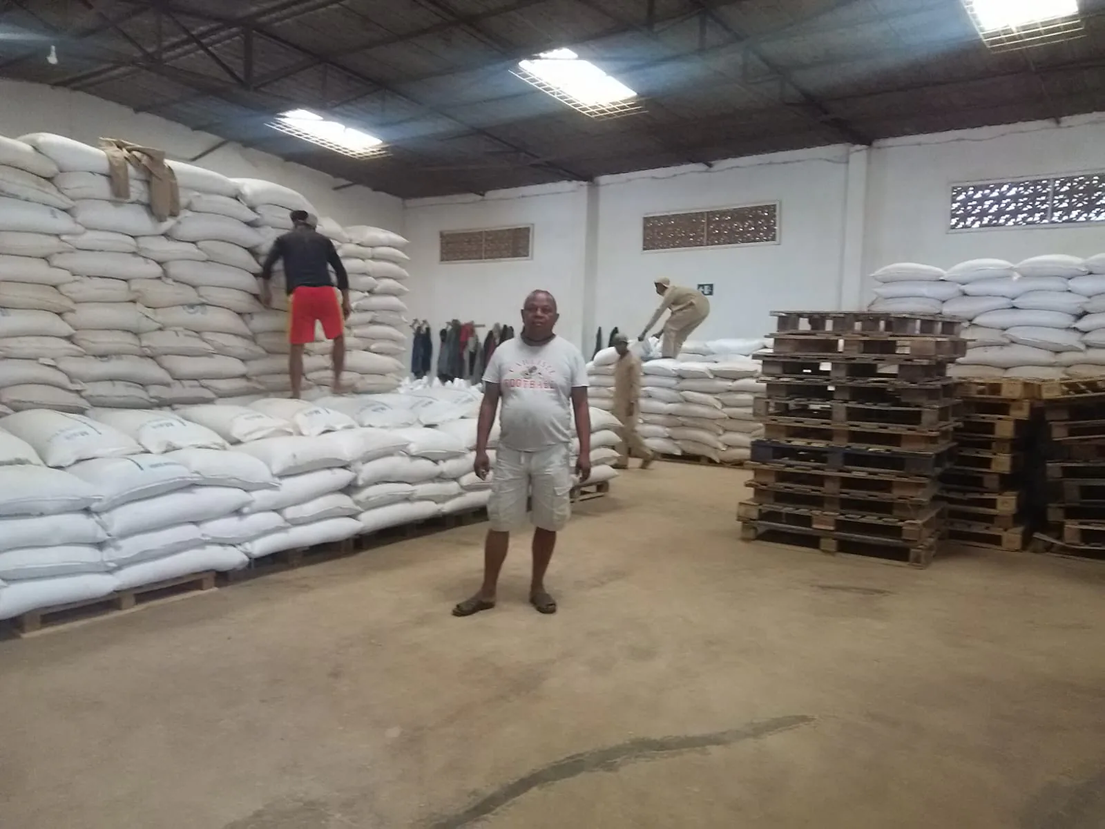 Sacs de produits agricoles regroupés et stockés sur palettes dans un entrepôt